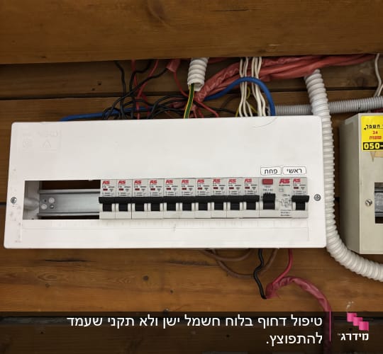 לוח חשמל עם חוטים צבעוניים מותקנים על קיר עץ